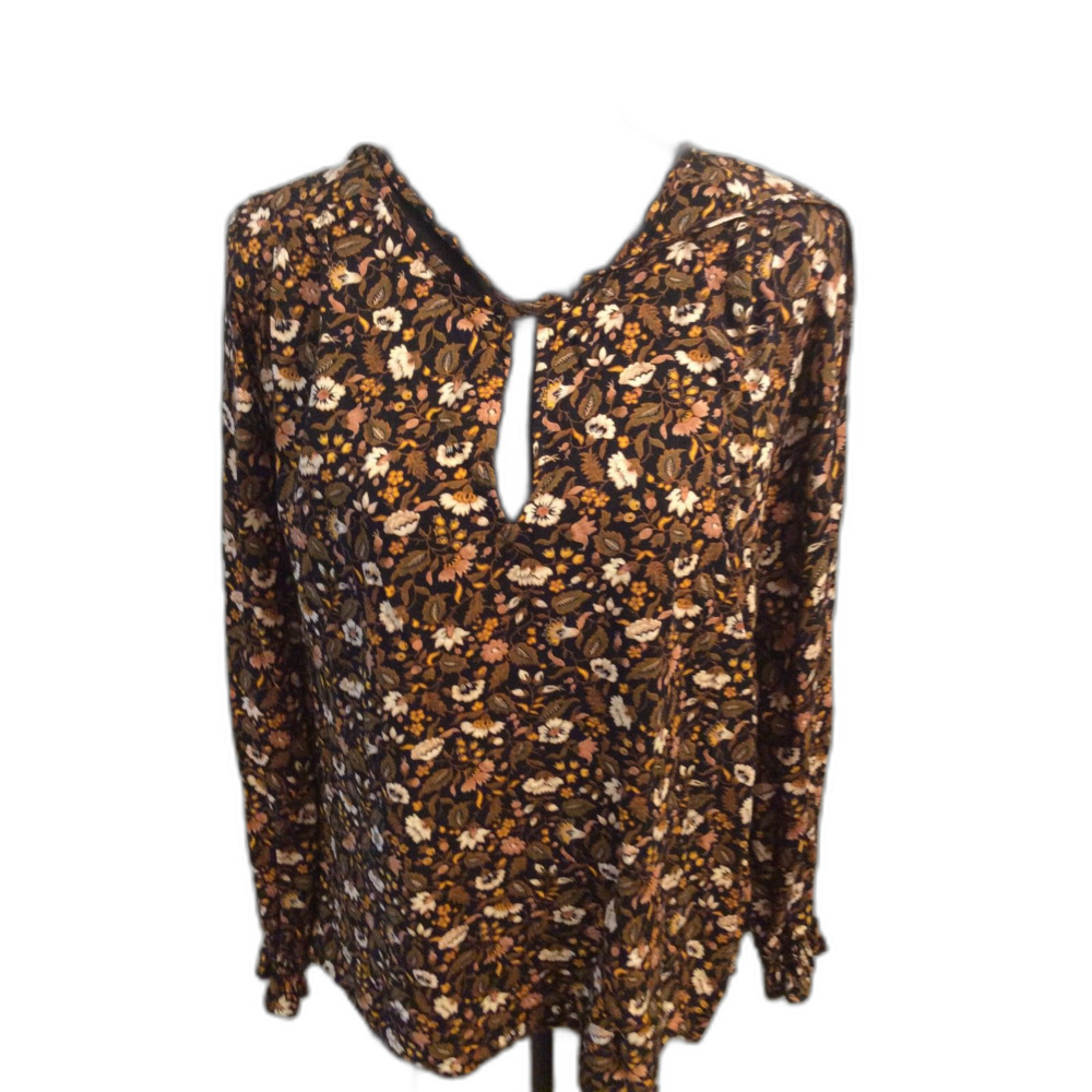 New NWT Boho Floral V Neck Tie Front Long Sleeve Top Large L